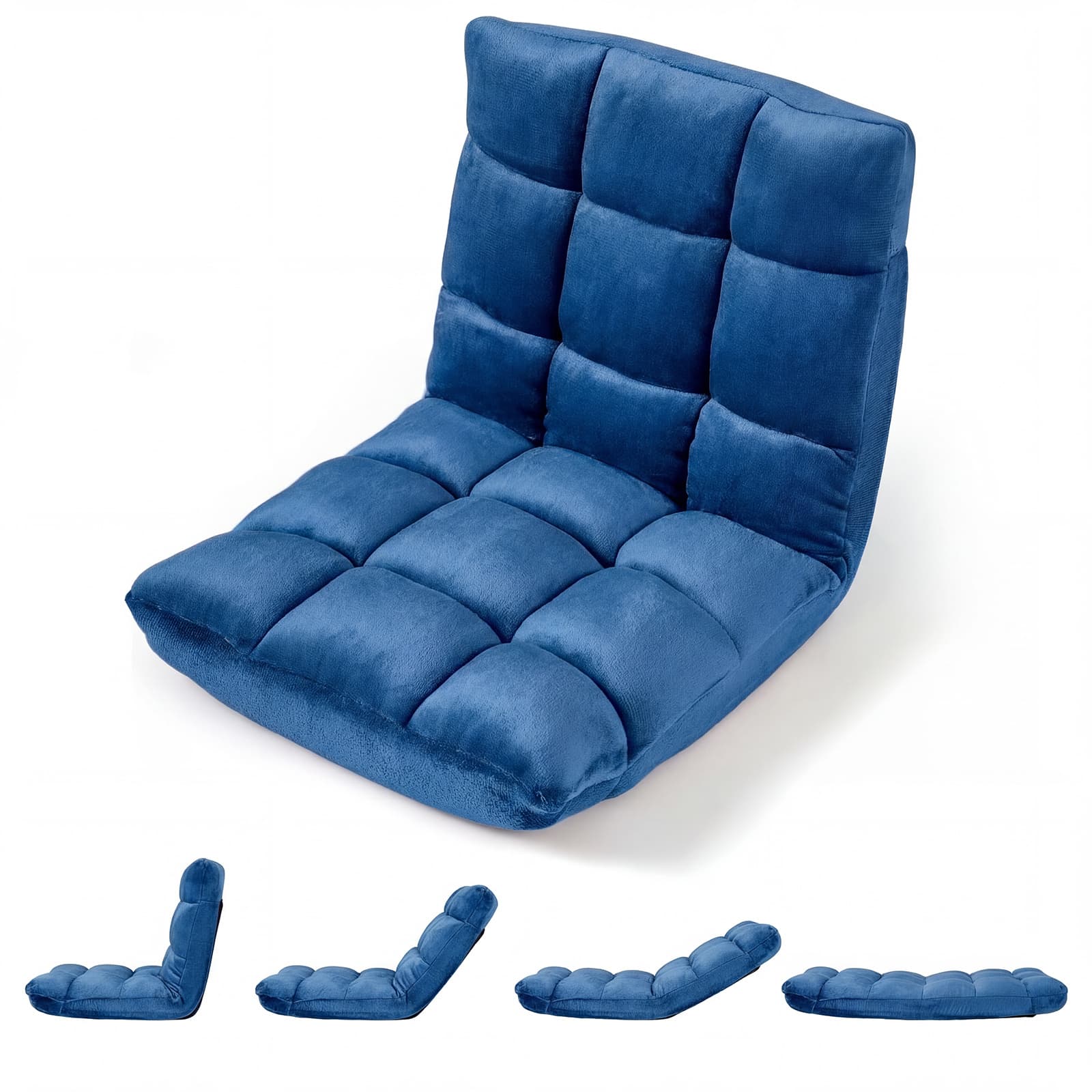 CostwayFauteuil de Sol Pliable Paresseux Tatami Chaise avec Dossier Réglable 14 Positions Mousse Haute Densité Patins Antidérapants Bleu